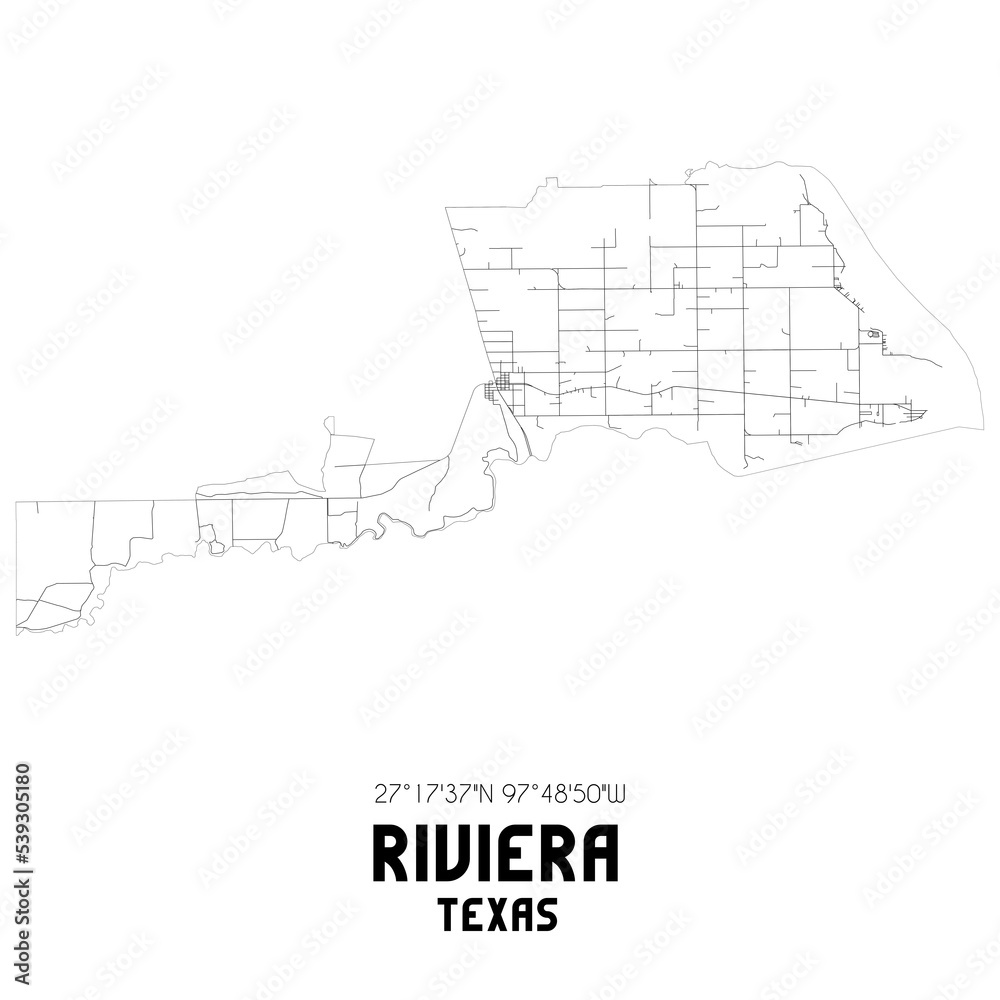 Riviera Texas. US street map with black and white lines.
