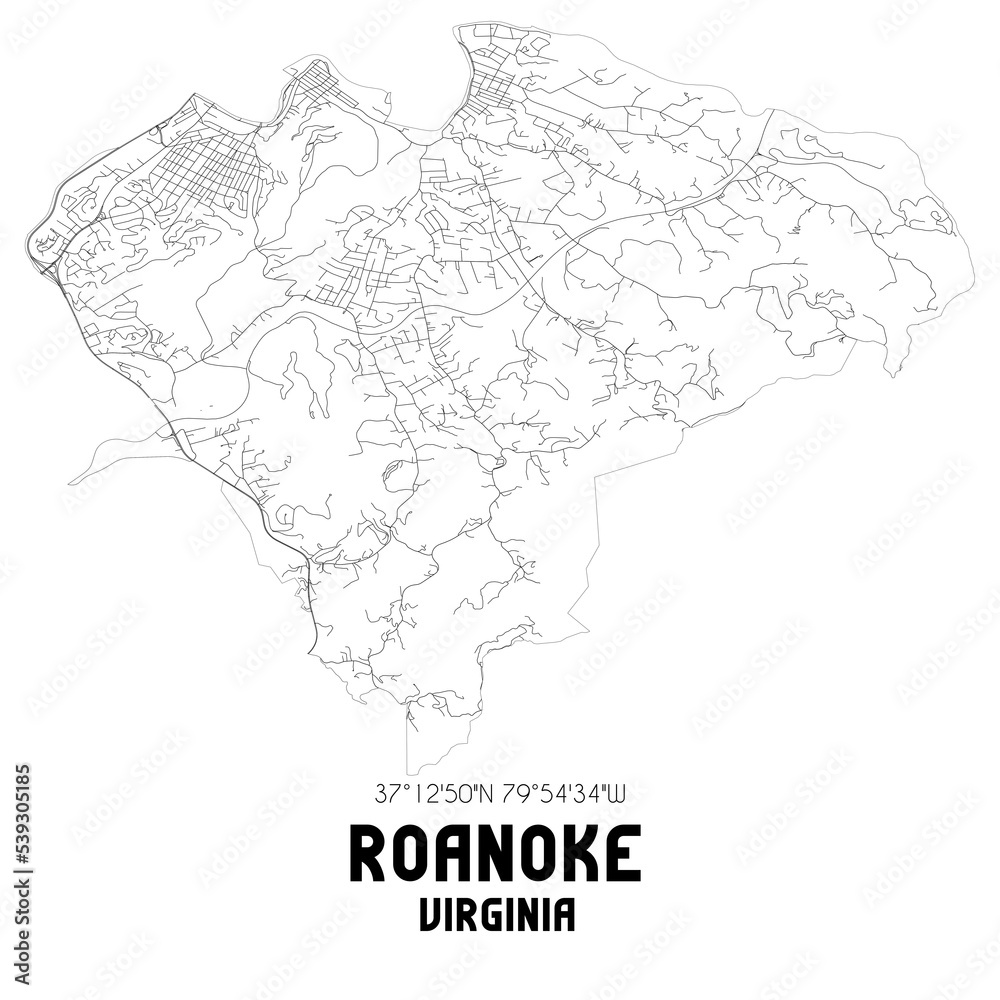 Roanoke Virginia. US street map with black and white lines.