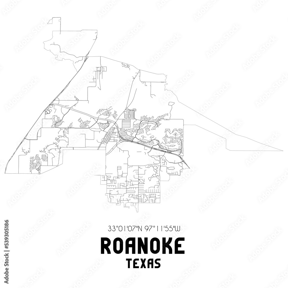 Roanoke Texas. US street map with black and white lines.