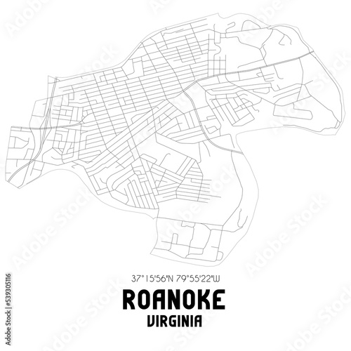 Roanoke Virginia. US street map with black and white lines.