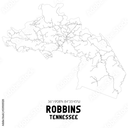 Robbins Tennessee. US street map with black and white lines.