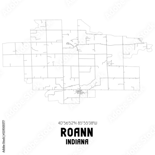 Roann Indiana. US street map with black and white lines.