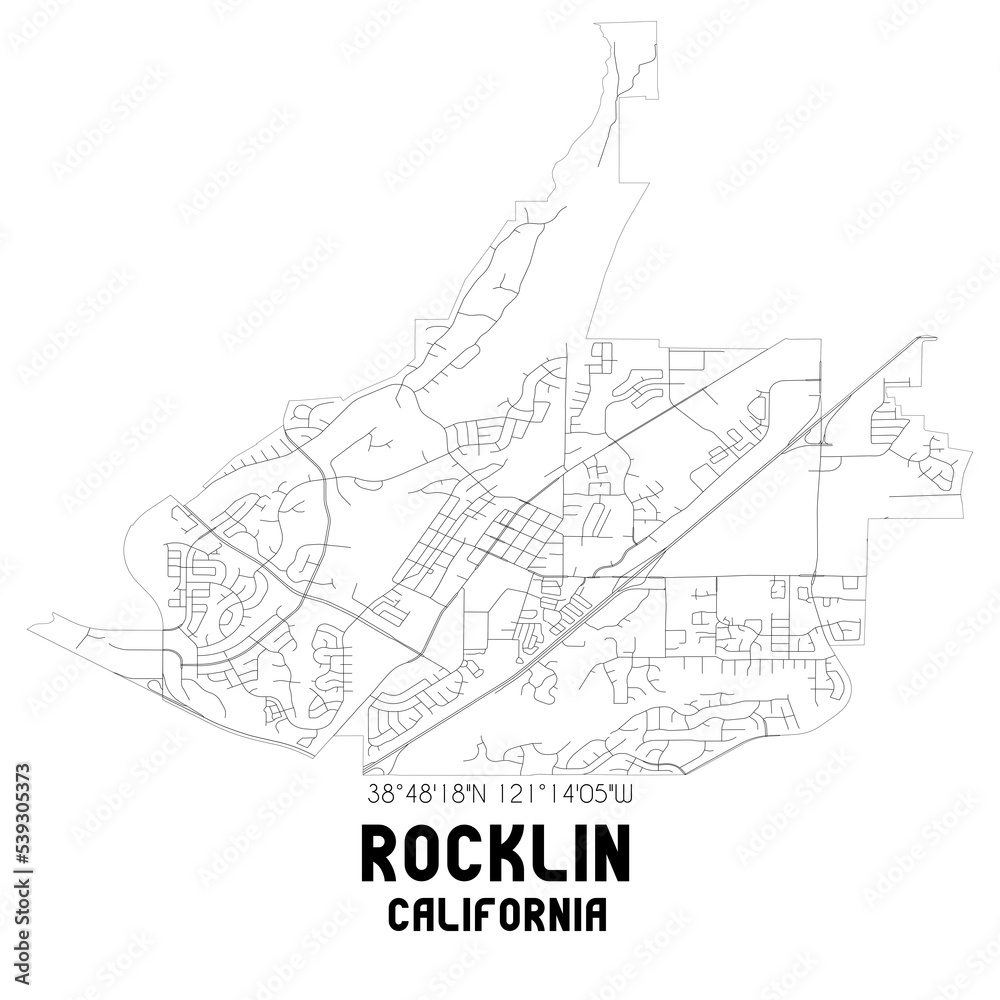Rocklin California. US street map with black and white lines.