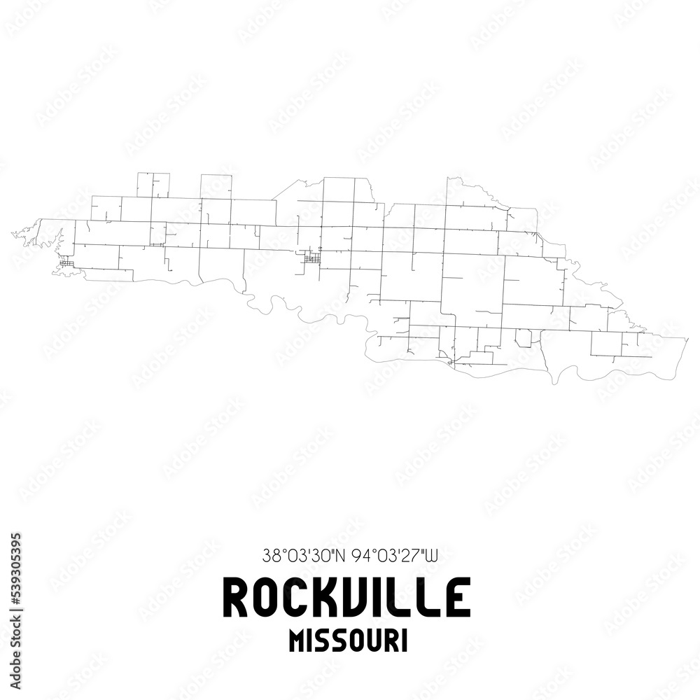 Rockville Missouri. US street map with black and white lines.