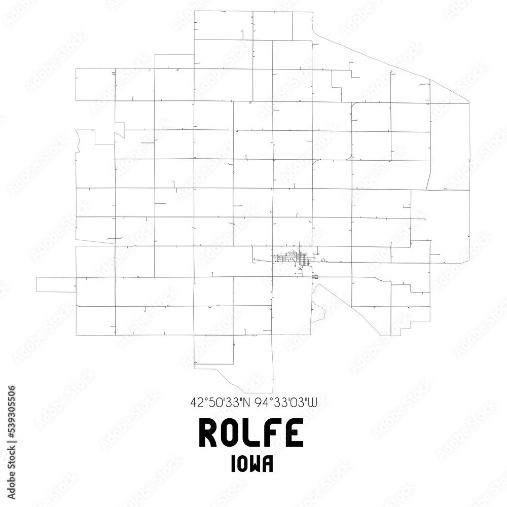 Rolfe Iowa. US street map with black and white lines.