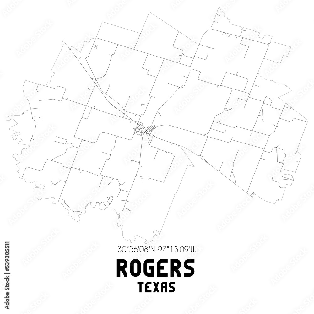 Rogers Texas. US street map with black and white lines.