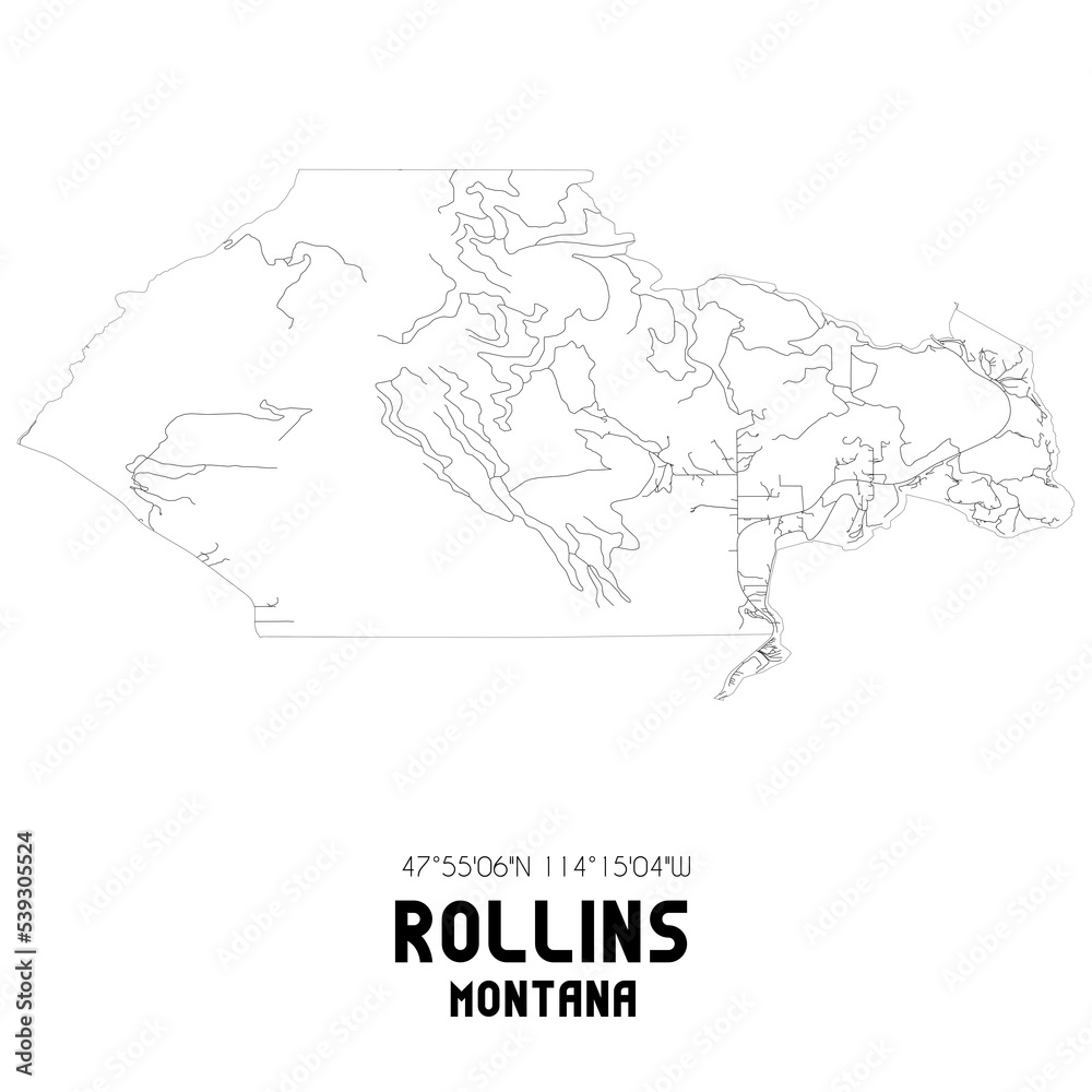 Rollins Montana. US street map with black and white lines.