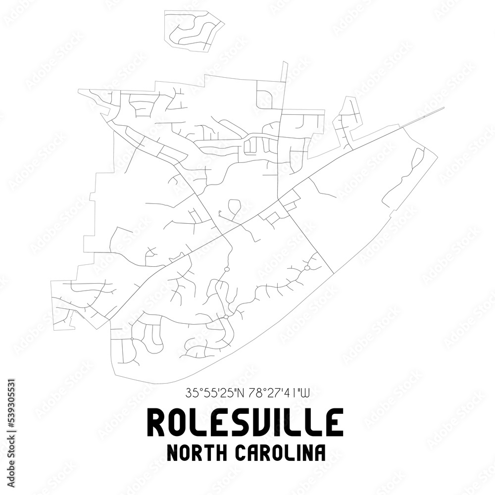 Rolesville North Carolina. US street map with black and white lines.