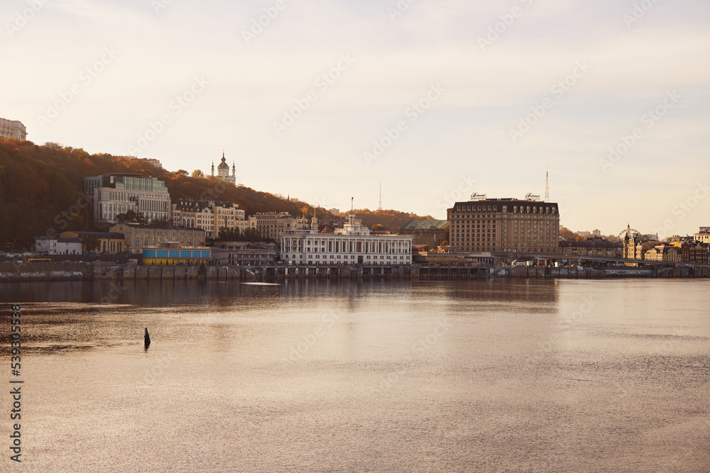 View of the Dnieper River in Kyiv in Ukraine at sunset.