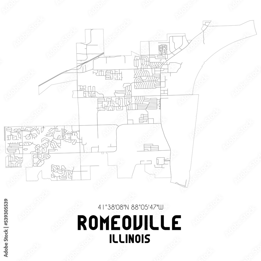 Romeoville Illinois. US street map with black and white lines.