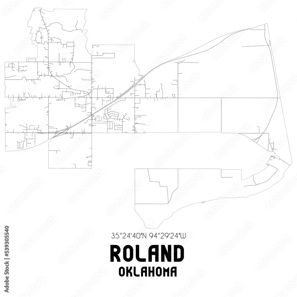 Roland Oklahoma. US street map with black and white lines.