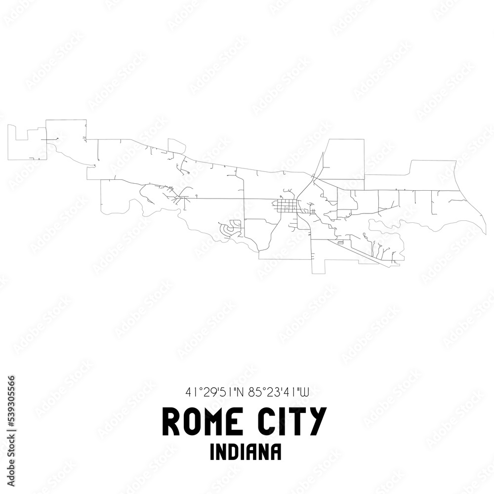 Rome City Indiana. US street map with black and white lines.