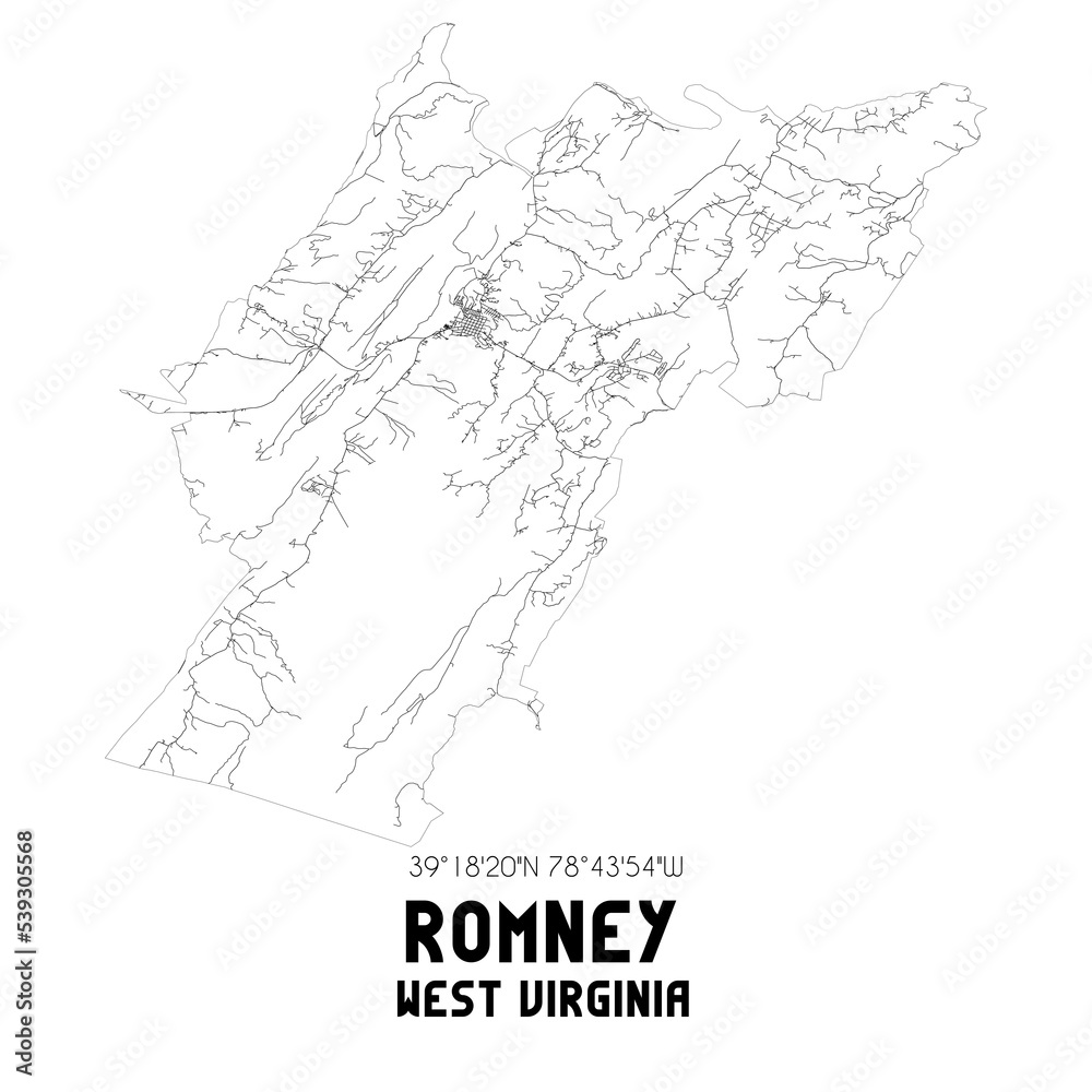Romney West Virginia. US street map with black and white lines.