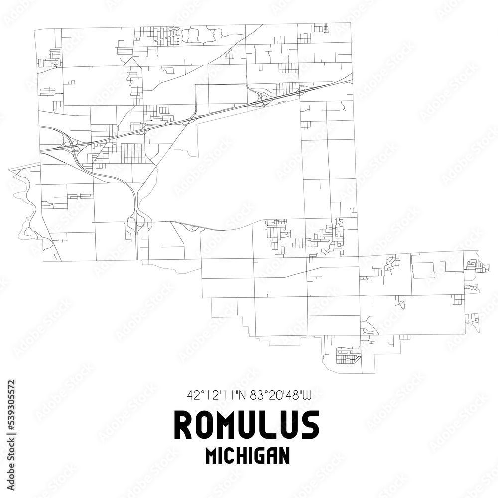 Romulus Michigan. US street map with black and white lines. Romulus Michigan. US street map with black and white lines.