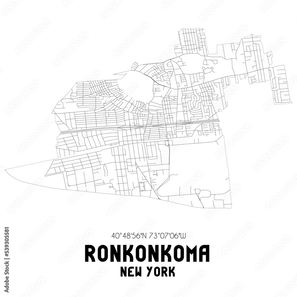 Ronkonkoma New York. US street map with black and white lines.