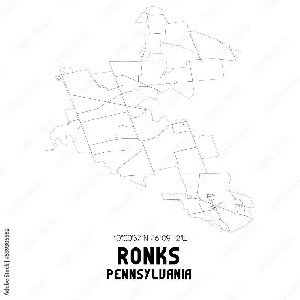 Ronks Pennsylvania. US street map with black and white lines.