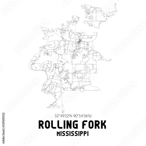 Rolling Fork Mississippi. US street map with black and white lines.