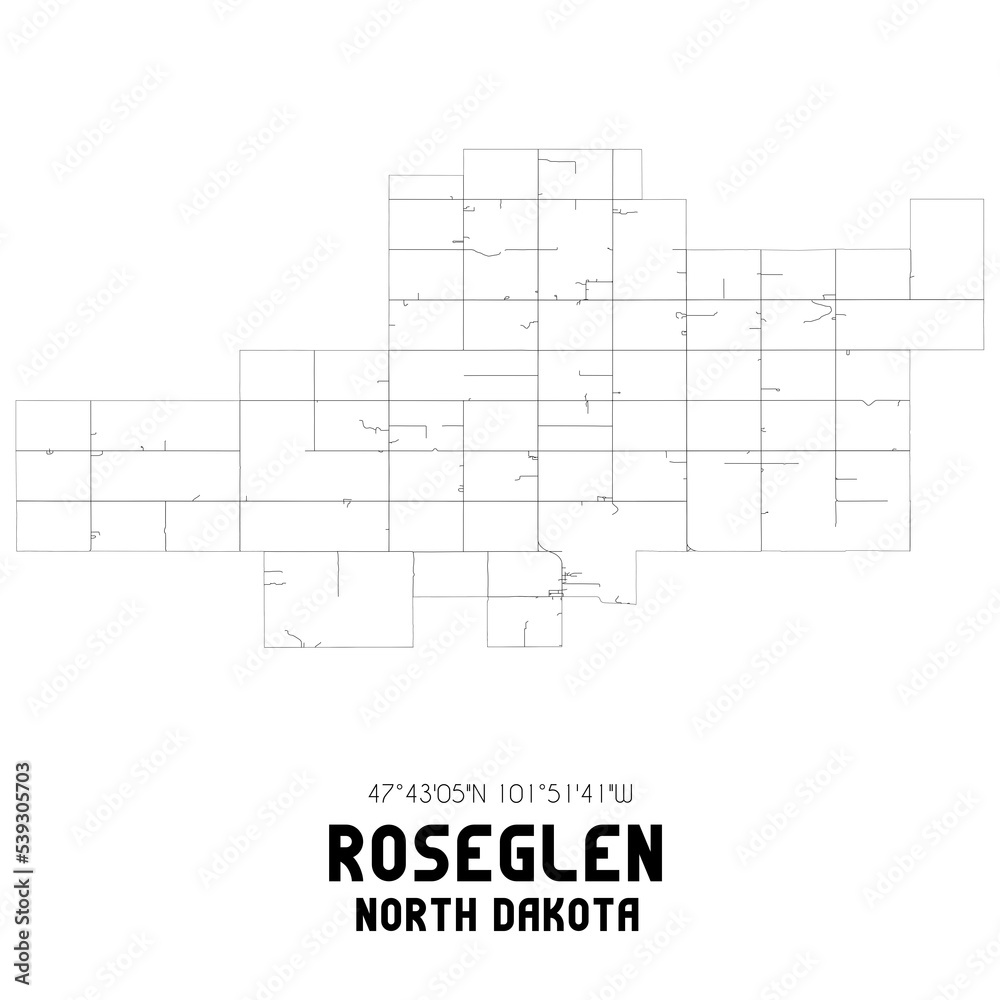 Roseglen North Dakota. US street map with black and white lines.