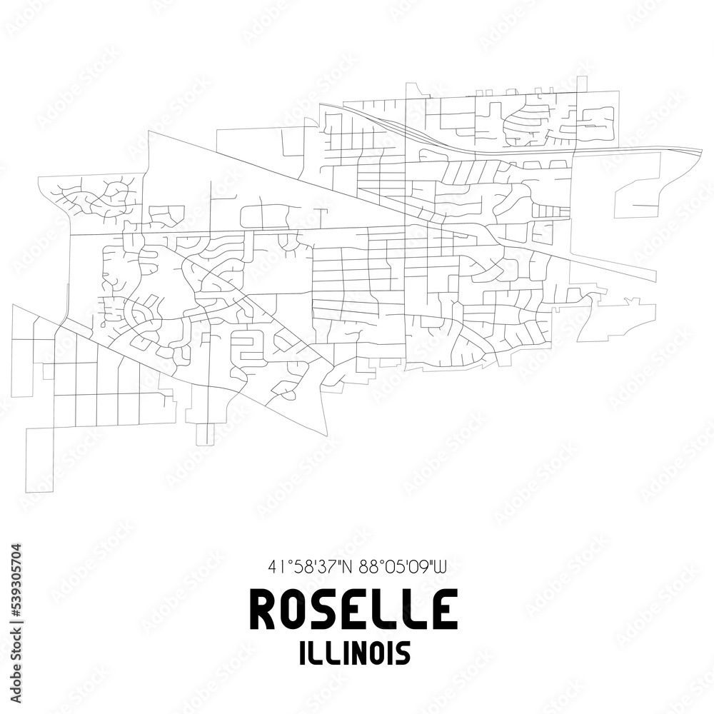 Roselle Illinois. US street map with black and white lines.