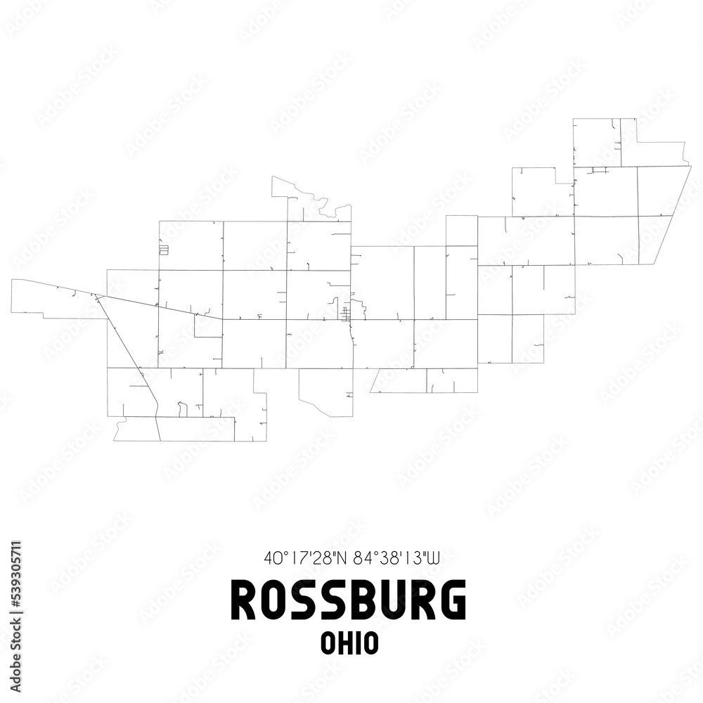 Rossburg Ohio. US street map with black and white lines.