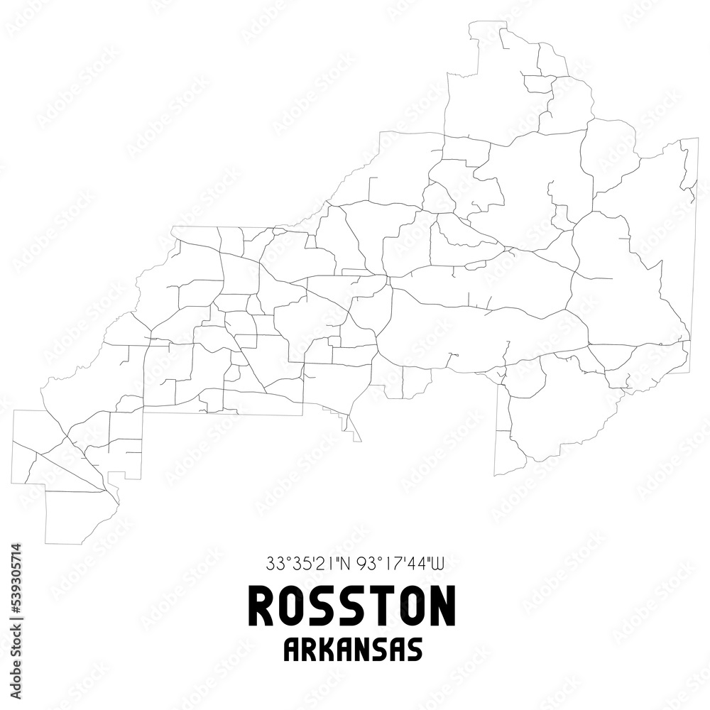 Rosston Arkansas. US street map with black and white lines.