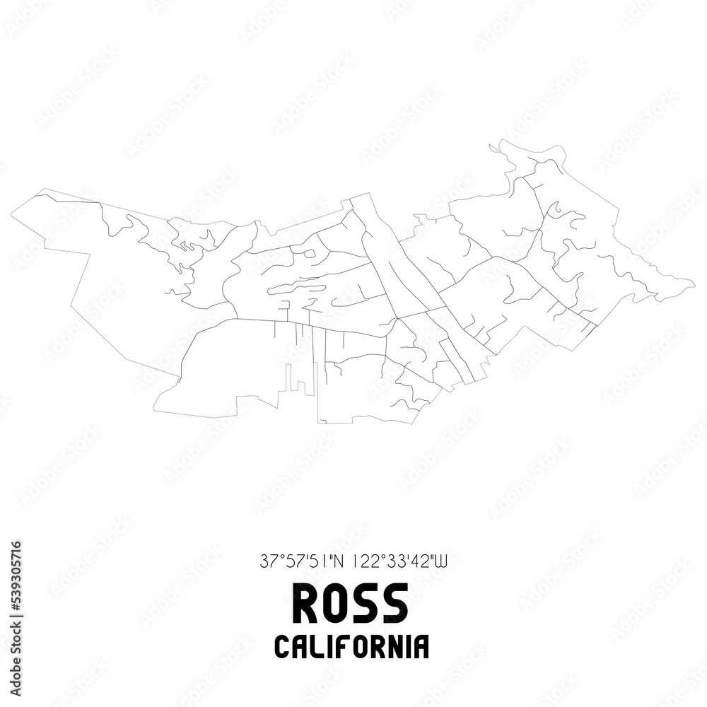 Ross California. US street map with black and white lines.