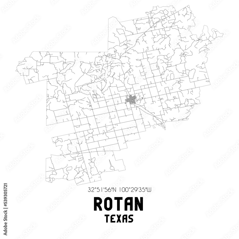 Rotan Texas. US street map with black and white lines.