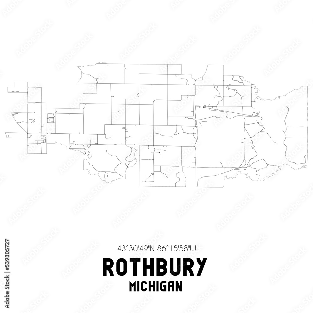 Rothbury Michigan. US street map with black and white lines.