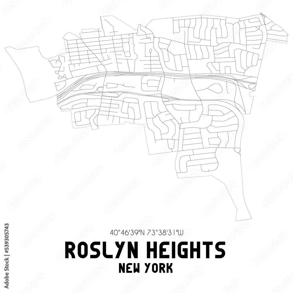 Roslyn Heights New York. US street map with black and white lines.