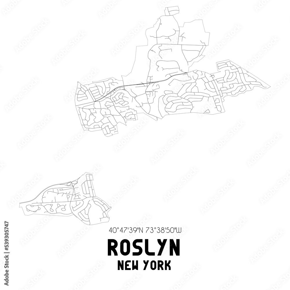 Roslyn New York. US street map with black and white lines.