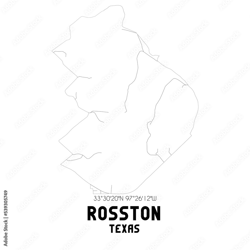 Rosston Texas. US street map with black and white lines.