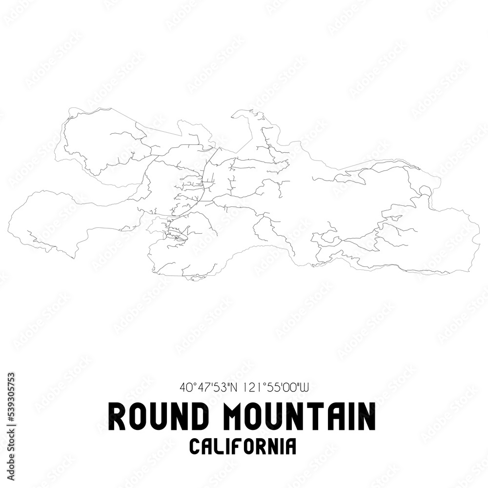 Round Mountain California. US street map with black and white lines.