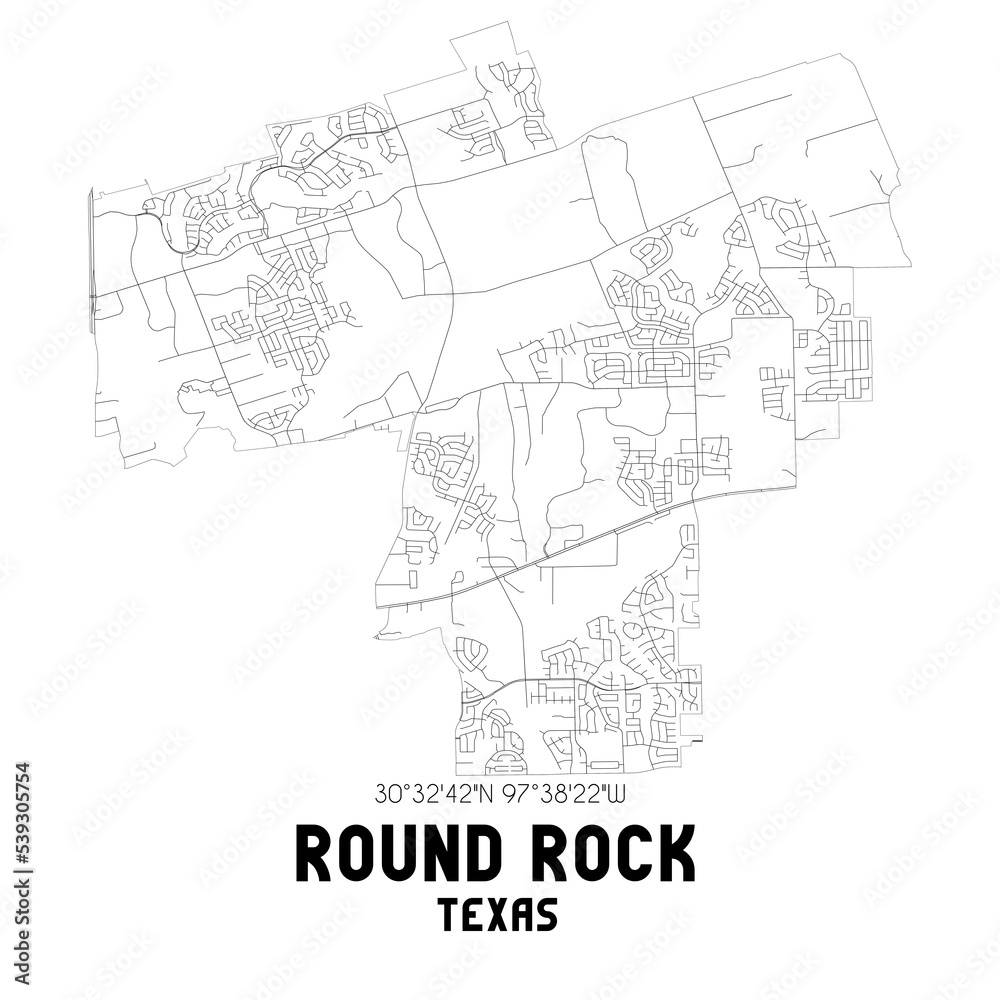 Round Rock Texas. US street map with black and white lines.