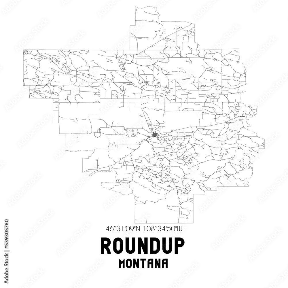 Roundup Montana. US street map with black and white lines.