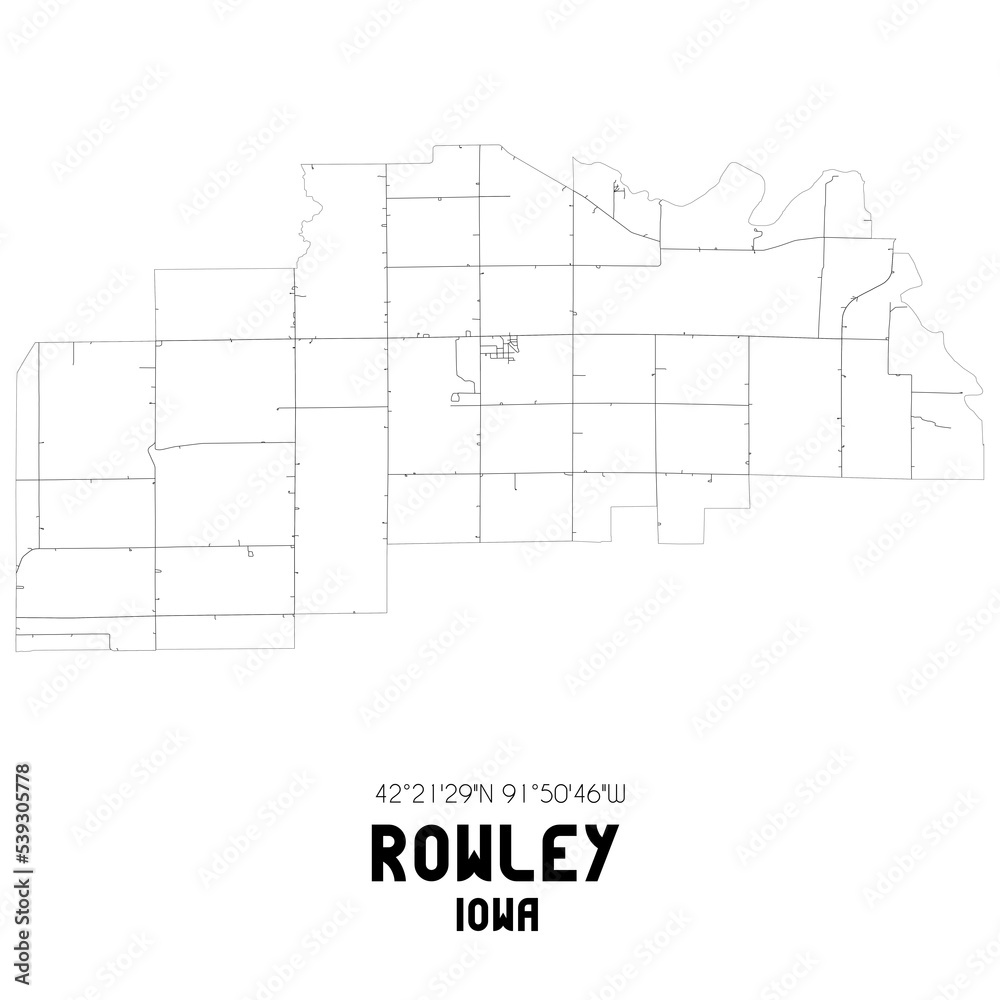 Rowley Iowa. US street map with black and white lines.
