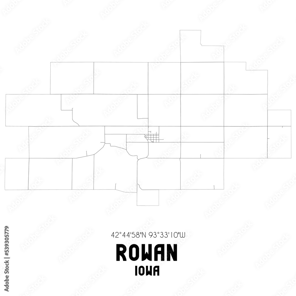 Rowan Iowa. US street map with black and white lines.
