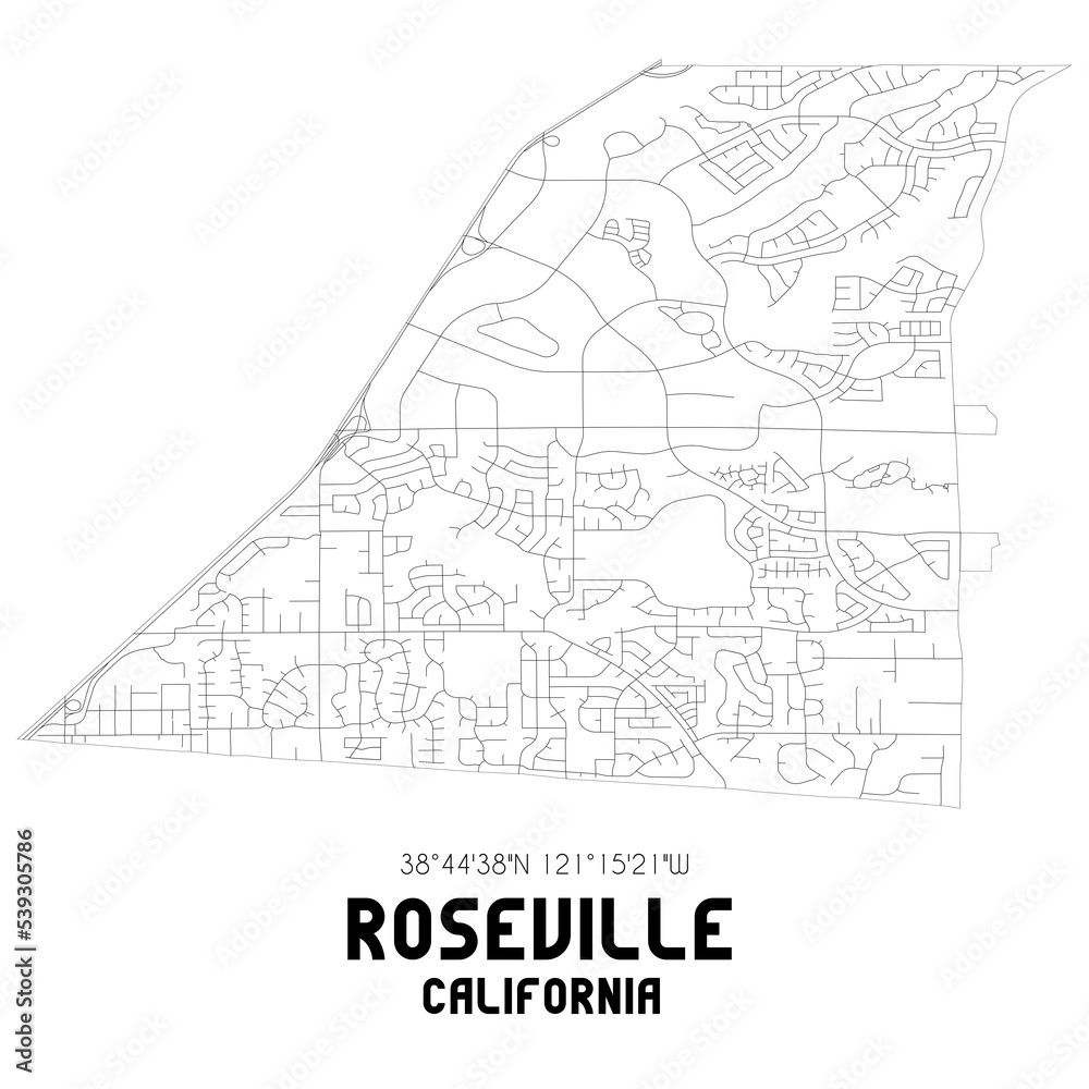 Roseville California. US street map with black and white lines.