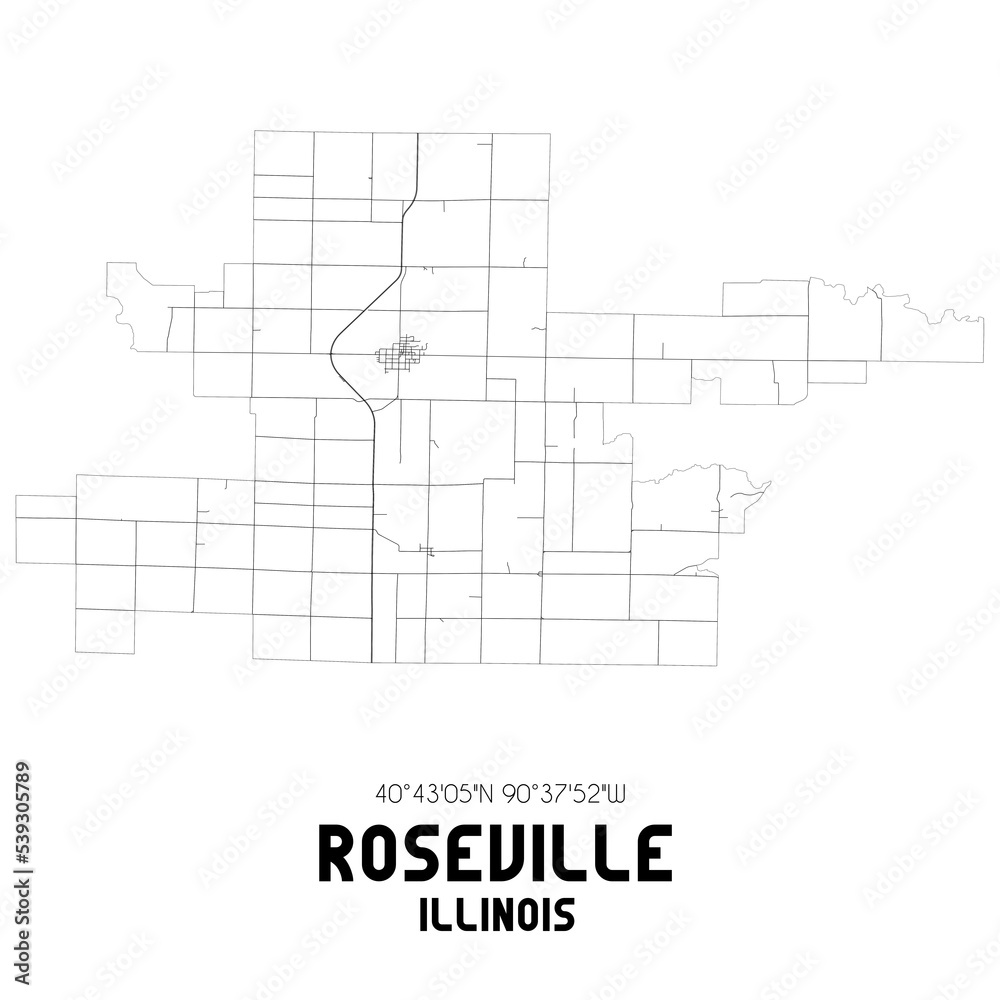 Roseville Illinois. US street map with black and white lines.