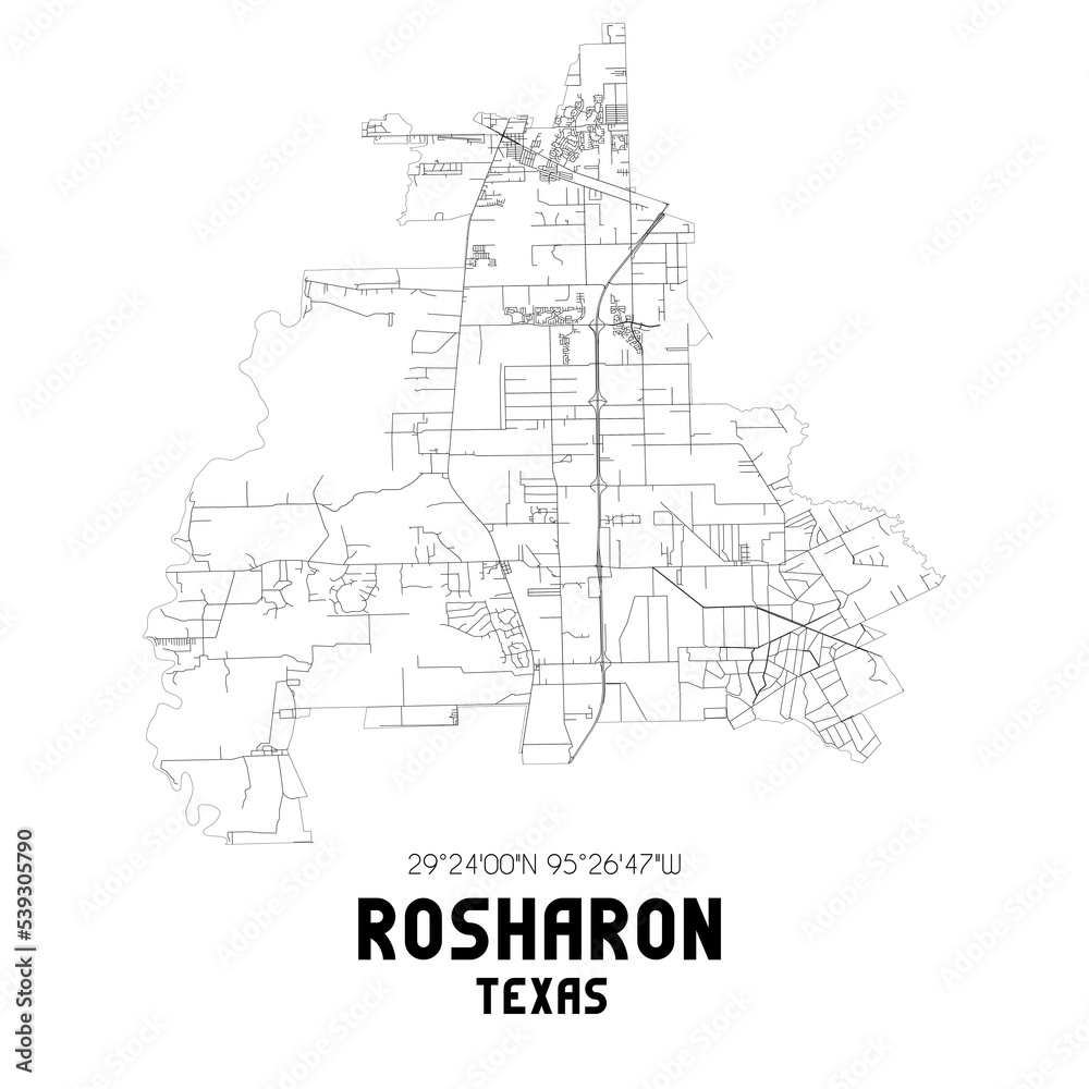 Rosharon Texas. US street map with black and white lines.