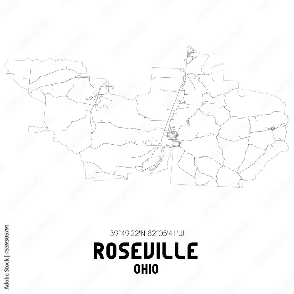 Roseville Ohio. US street map with black and white lines.