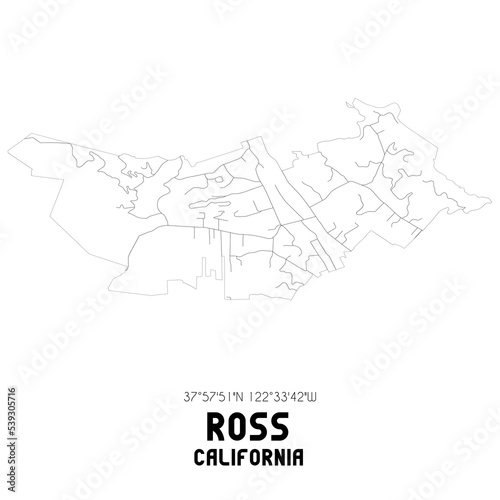 Ross California. US street map with black and white lines.