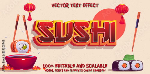 Sushi text, editable Asian style red font lettering with a set of vector tasty sushi rolls served. Japanese sushi rolls. Logo template sushi. Vector design with stylized editable font effect