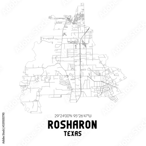 Rosharon Texas. US street map with black and white lines.