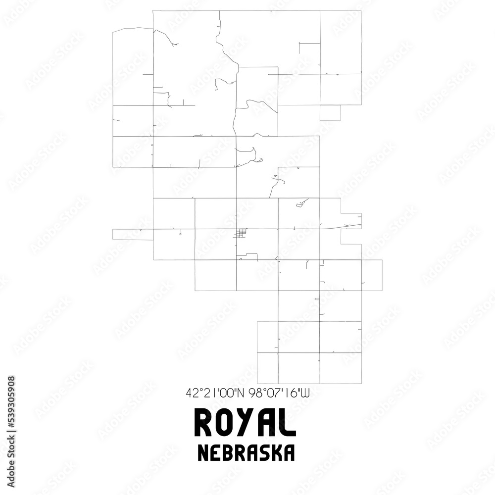 Royal Nebraska. US street map with black and white lines.