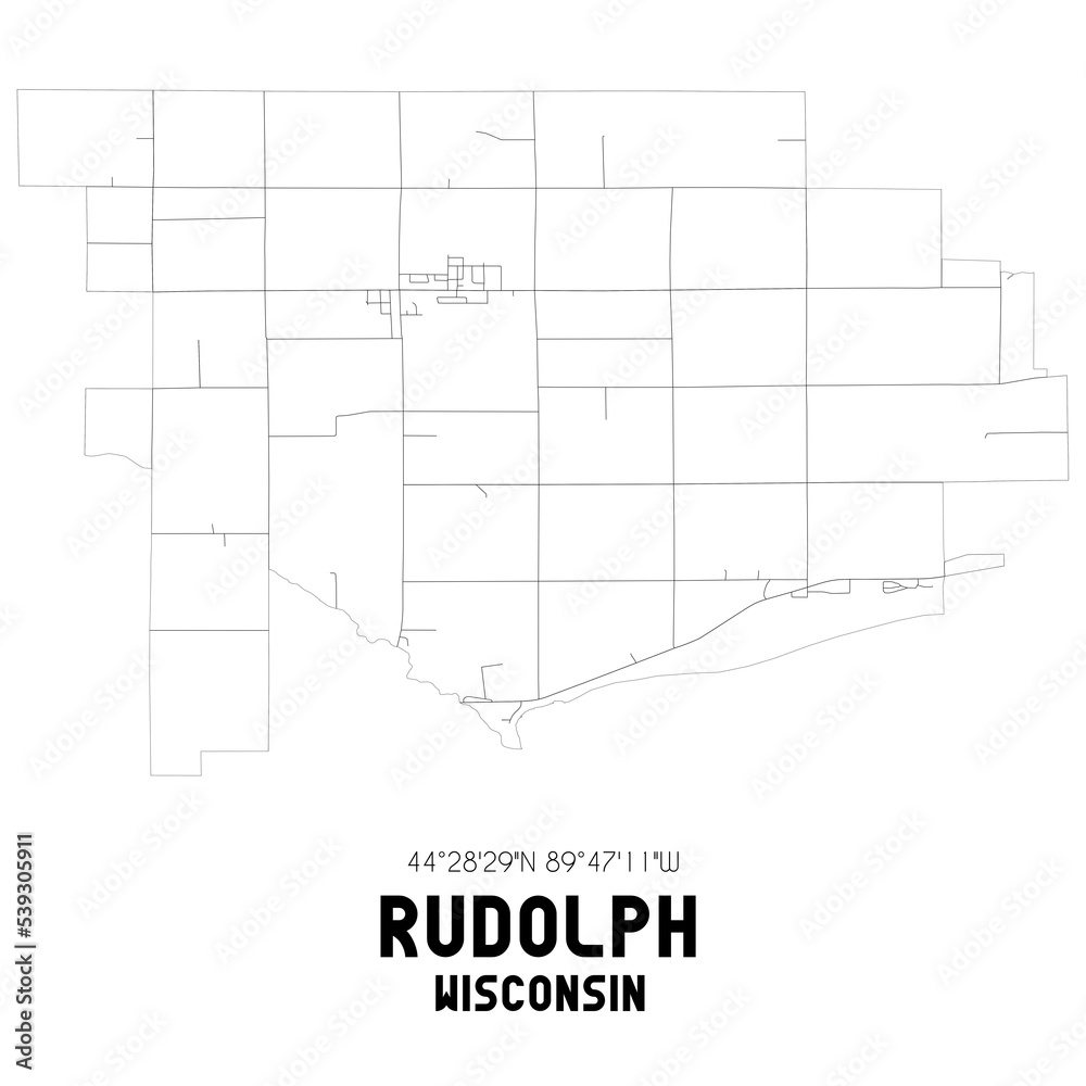 Rudolph Wisconsin. US street map with black and white lines.