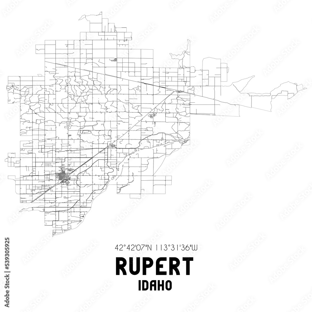 Rupert Idaho. US street map with black and white lines.