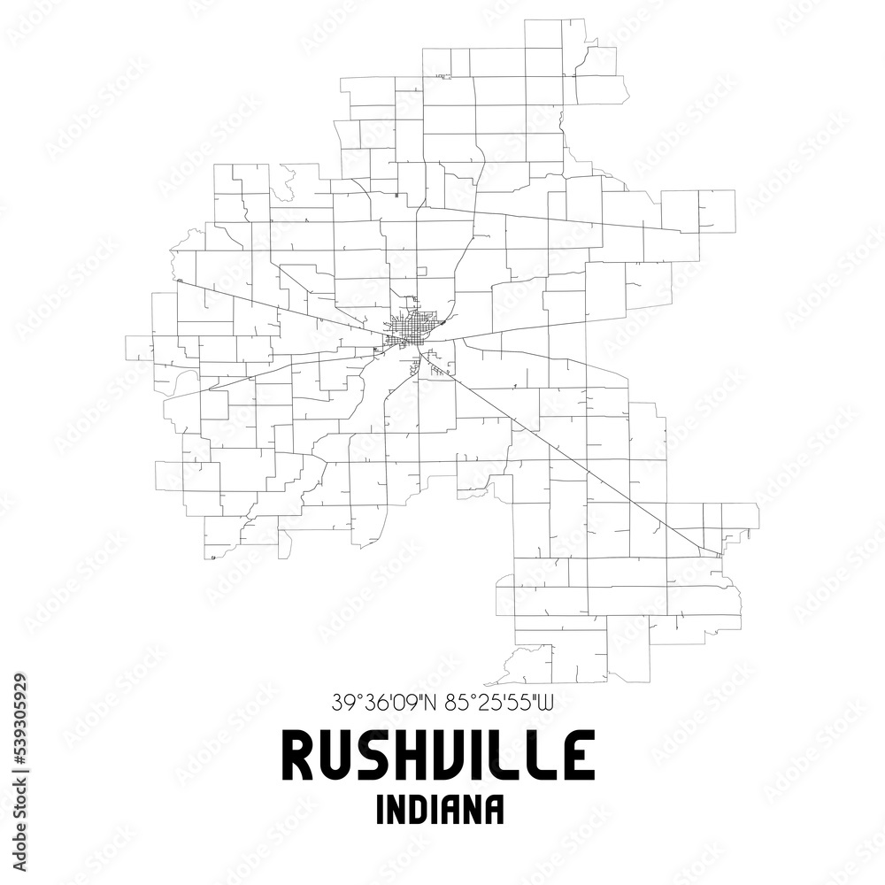 Rushville Indiana. US street map with black and white lines.