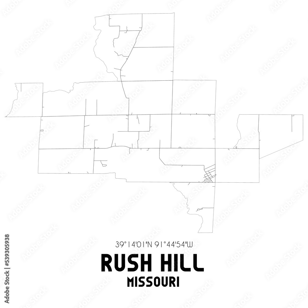 Rush Hill Missouri. US street map with black and white lines.