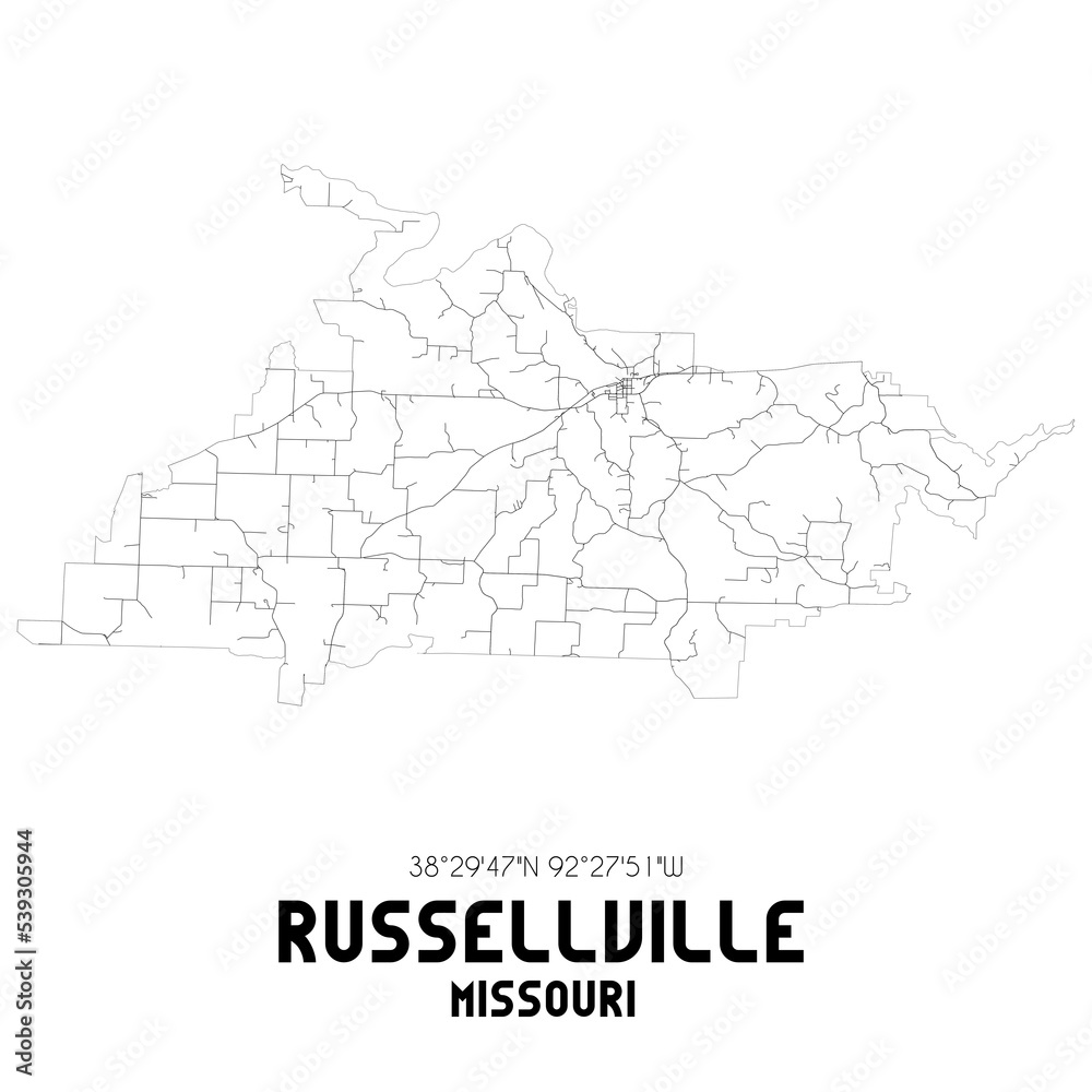 Russellville Missouri. US street map with black and white lines.