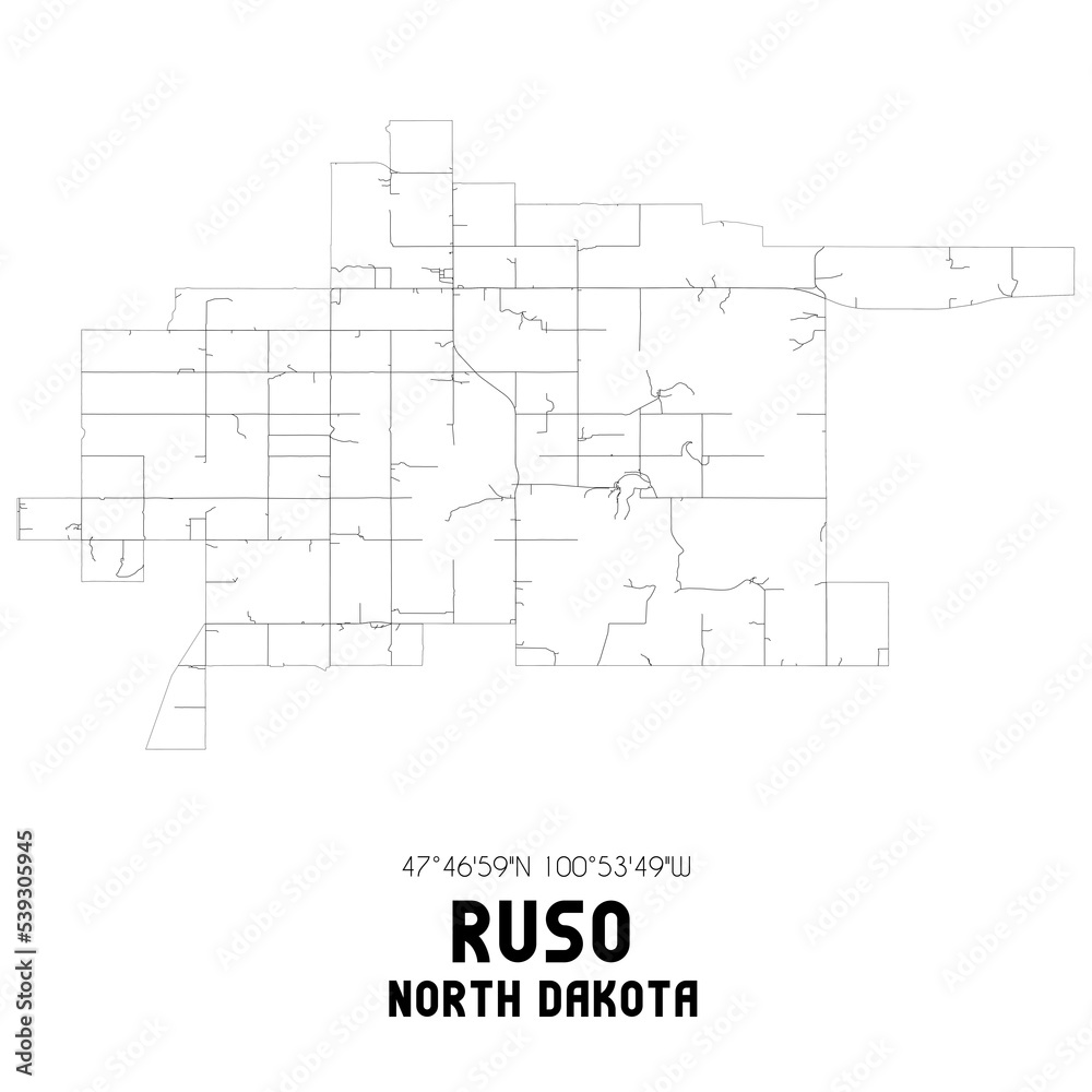 Ruso North Dakota. US street map with black and white lines.